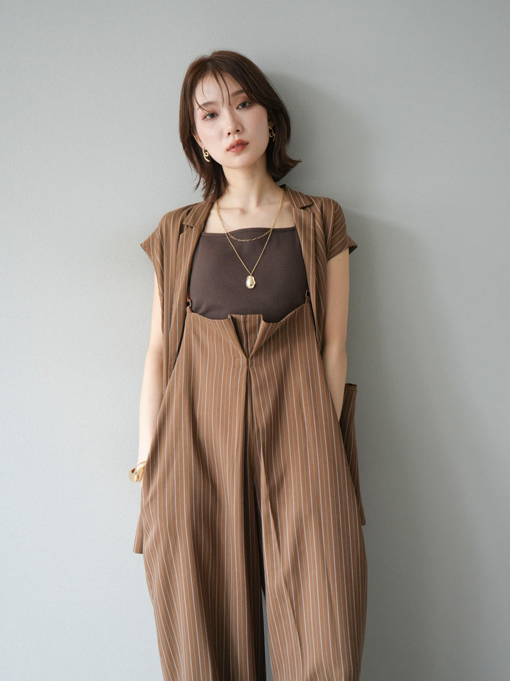 【着回しセット】[SET]ヘリンボーンストライプジレ+シアー切替ベロアトップス+ヘリンボーンストライプサロペット(3set)