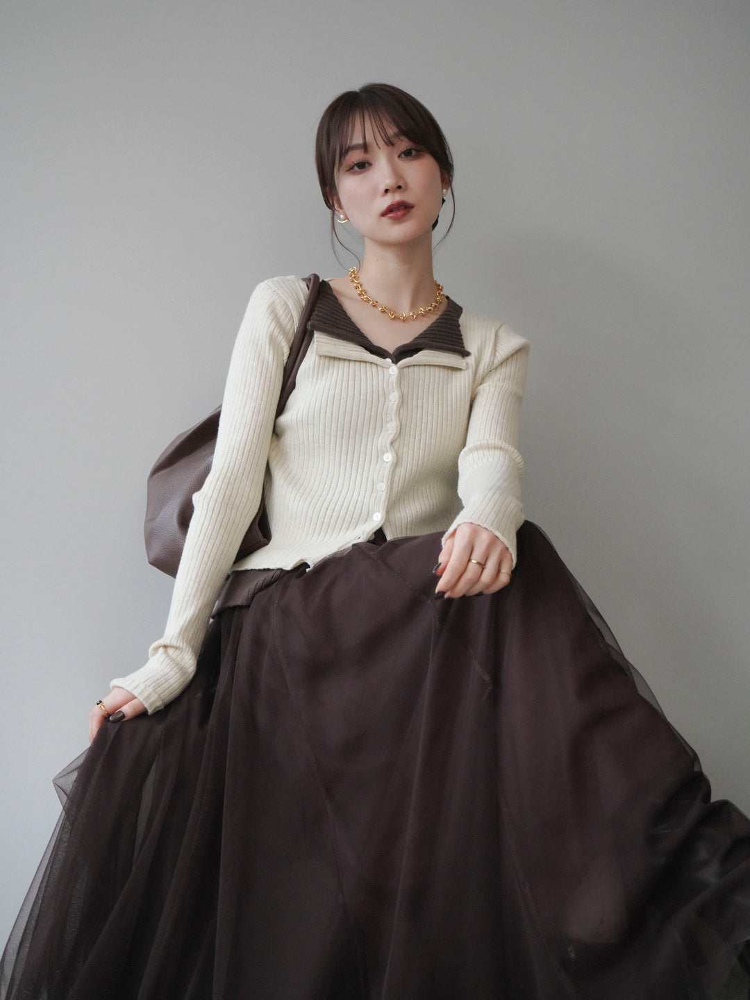 [予約]配色レイヤードリブニットカーディガン/ivory