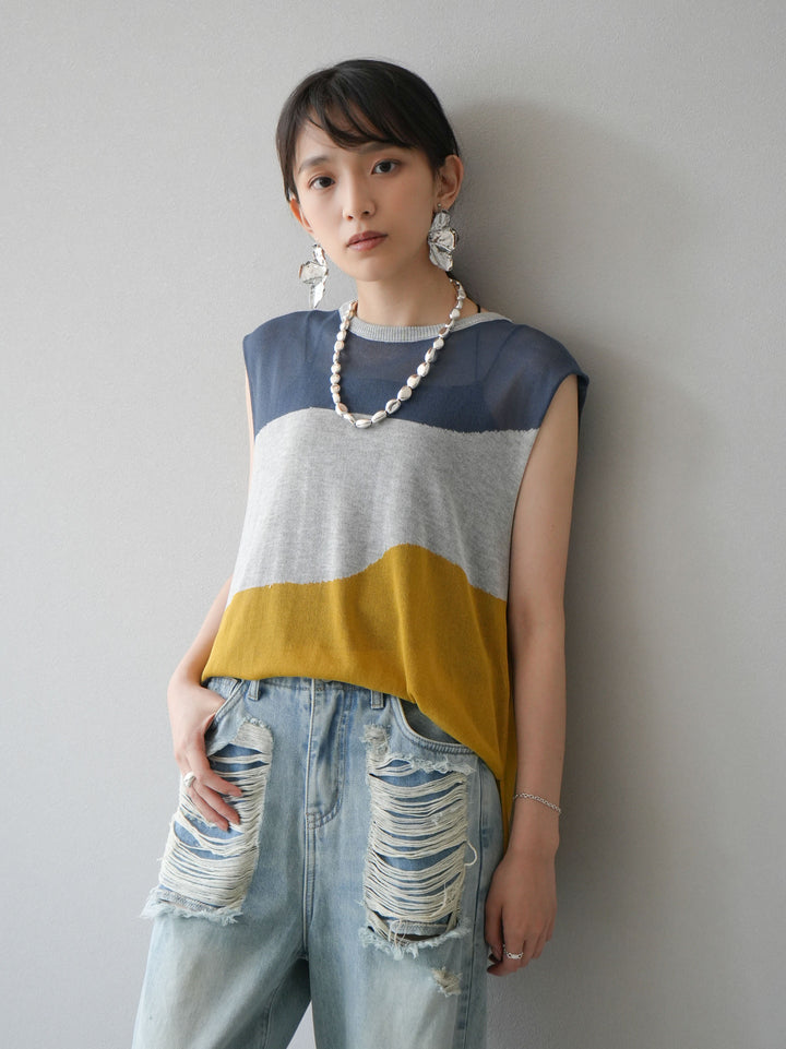 [Pre-order] Bicolor sheer knit sleeveless top/gray