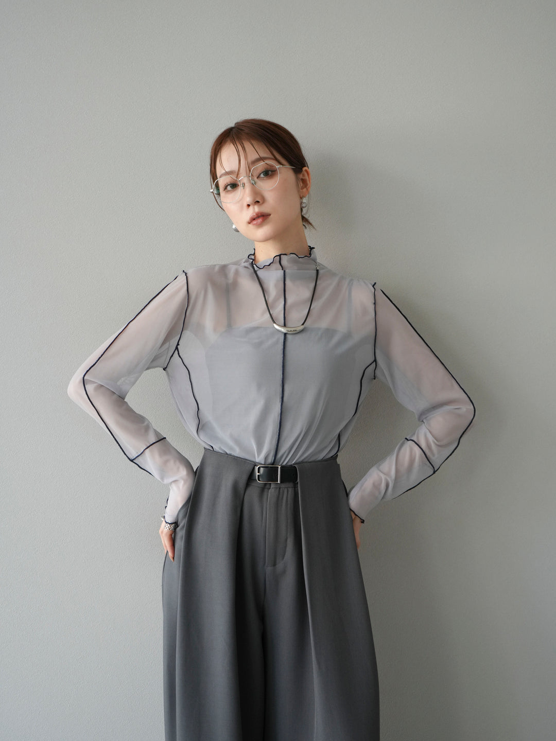 [予約]シアーパイピングカットソー/ライトグレー×ネイビー