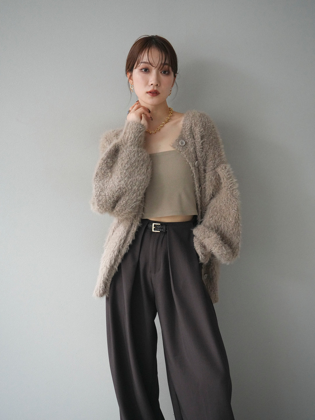 [予約]クルーネックランダムシャギーカーディガン/グレージュ