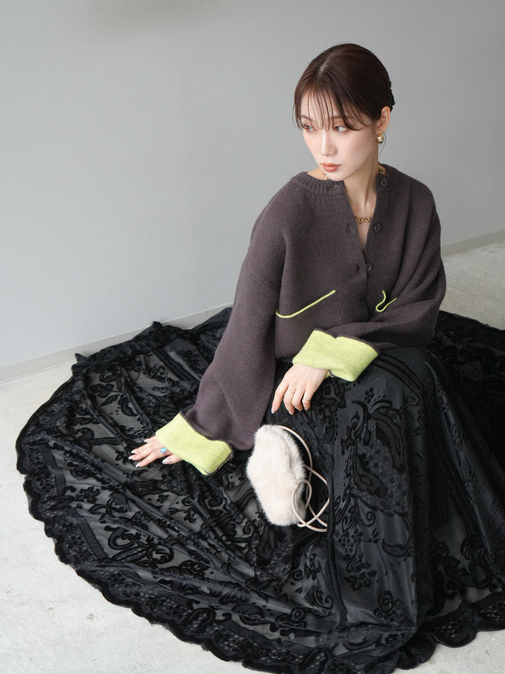 [SET]バイカラーオーバーニットカーディガン+アンティーク柄フロッキーマキシスカート(2set)