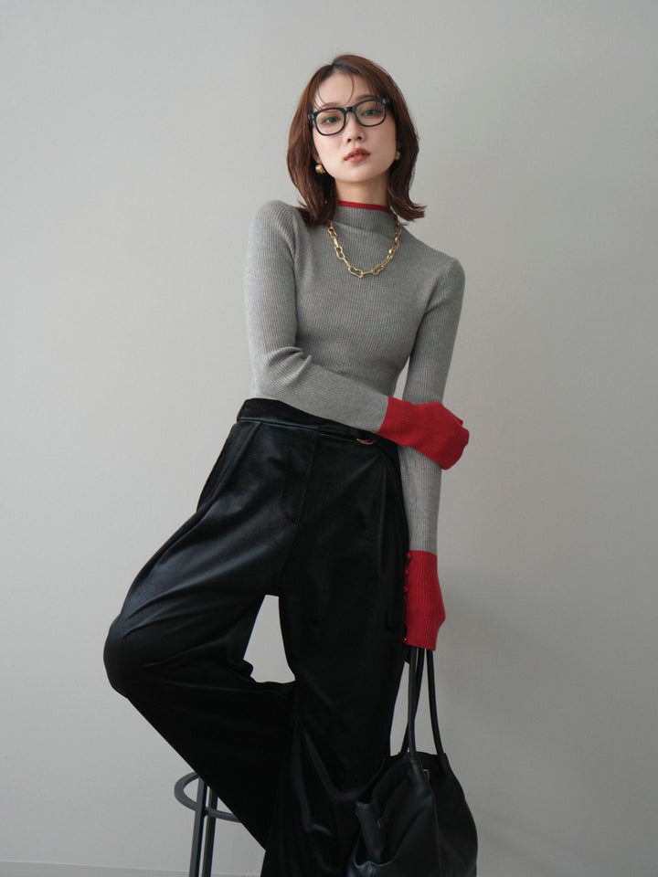 [予約]袖ボタンハイネック配色リブニットトップス/gray