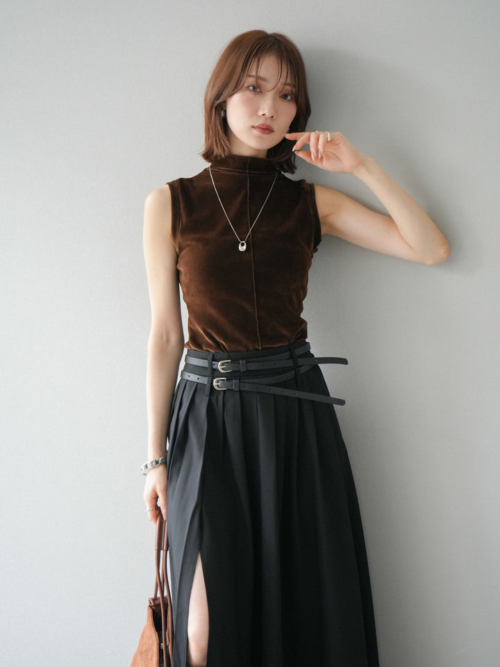 [SET]シアーベロアプチネックノースリーブトップス+エステルプリーツスリットスカート(2set)