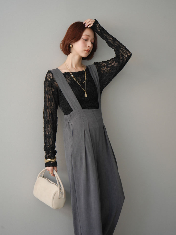 [SET]サイドギャザーレーストップス+シボ加工ハイウエストタックサロペット(2set)