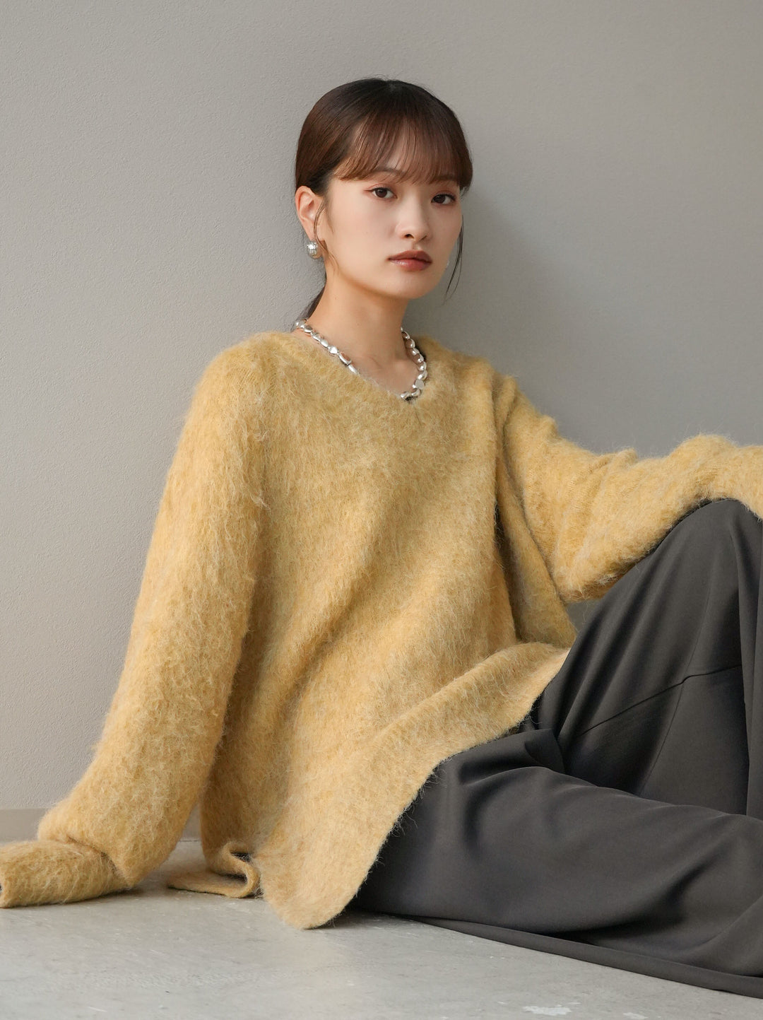 [予約]Vネックオーバーモヘアニットプルオーバー/イエロー