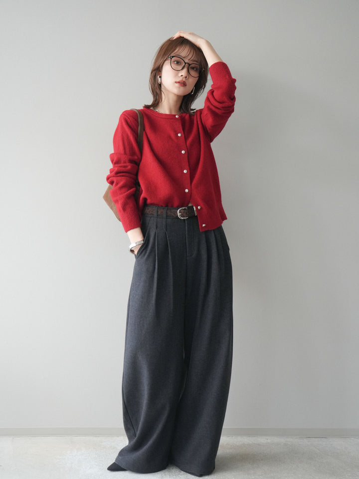 [SET]アンティークボタンニットカーディガン+アニマル柄ベルト付きウールタッチワイドパンツ(2set)