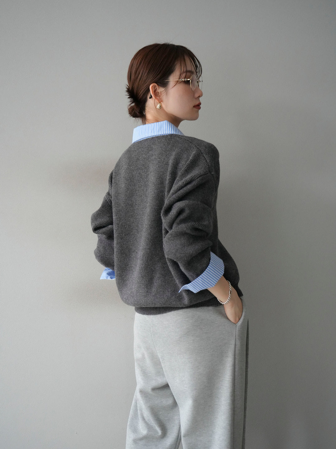 [SET]ストライプシャツレイヤードZIPニットカーディガン+2WAYデザインスウェットパンツ(2set)