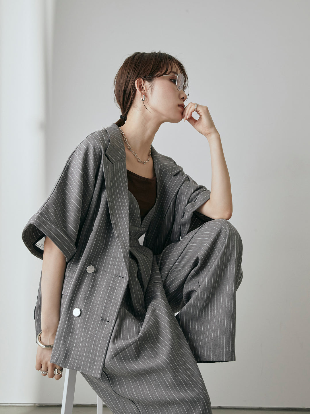 [予約]ヘリンボーンストライプサロペット/チャコール