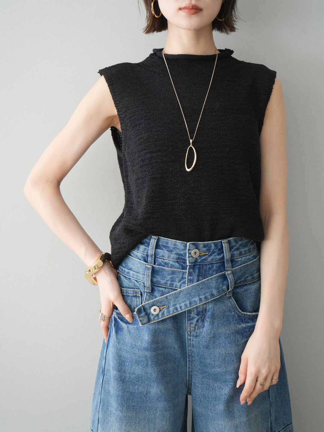 [予約]ノースリーブリネンタッチシアーニットプルオーバー/black