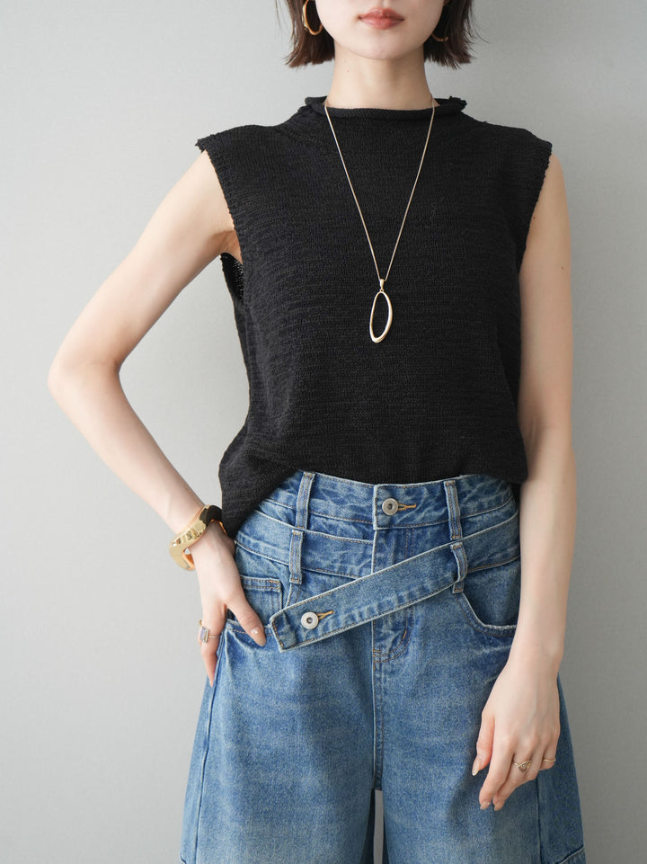 [予約]ノースリーブリネンタッチシアーニットプルオーバー/black