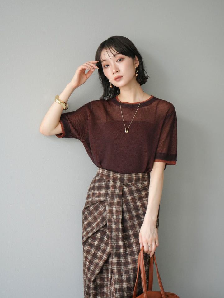 [SET]リネンタッチ配色二重臼ハーフニットトップス+選べるアソート柄スカートセット(2set)