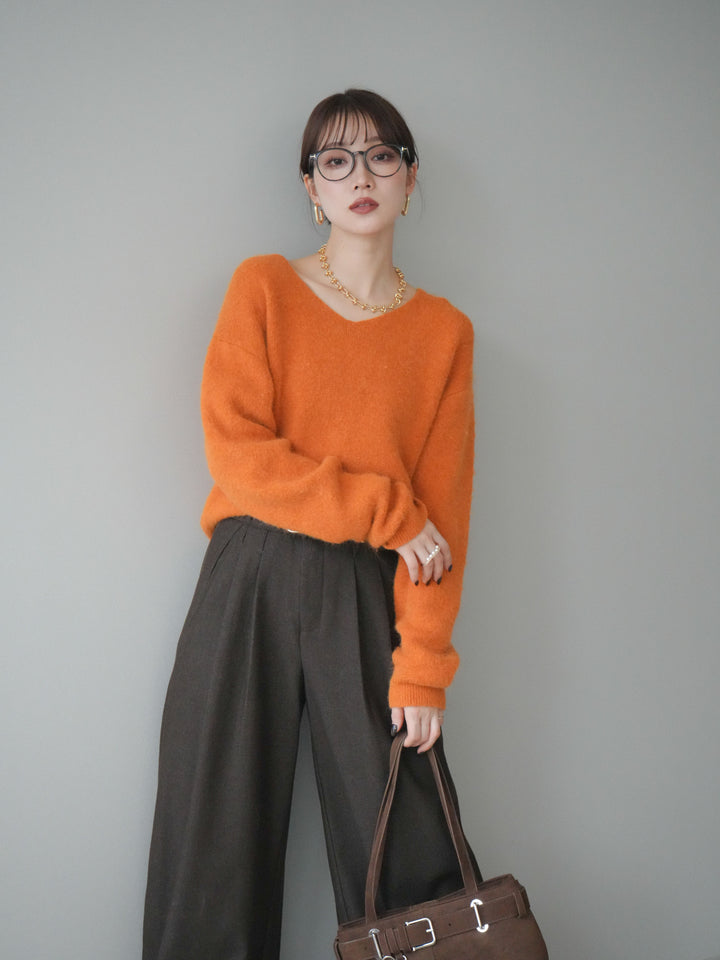 [予約]シュシュ付きアンゴラタッチVネックニットプルオーバー/orange