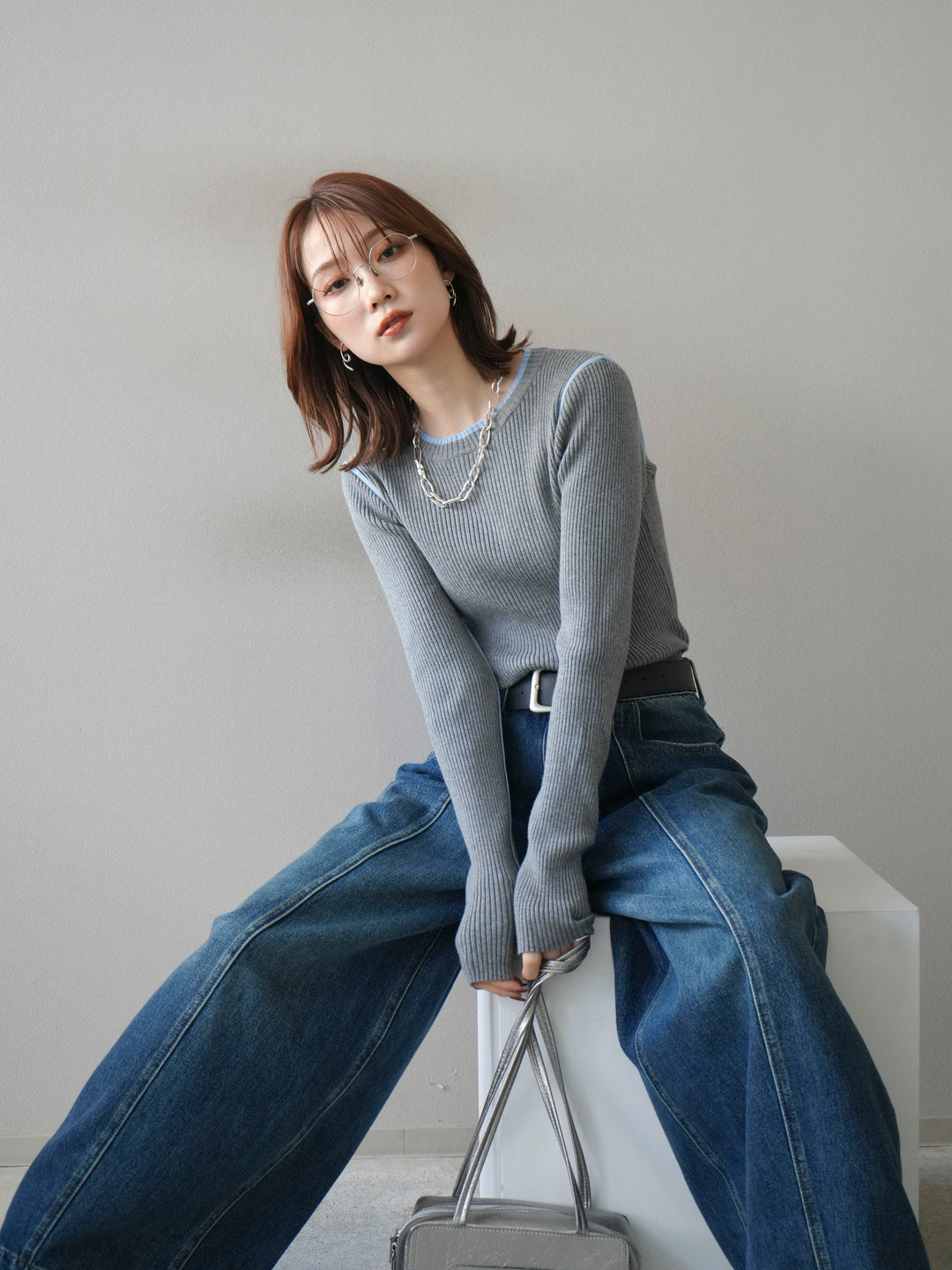 [予約]バイカラークルーネックリブニットトップス/gray