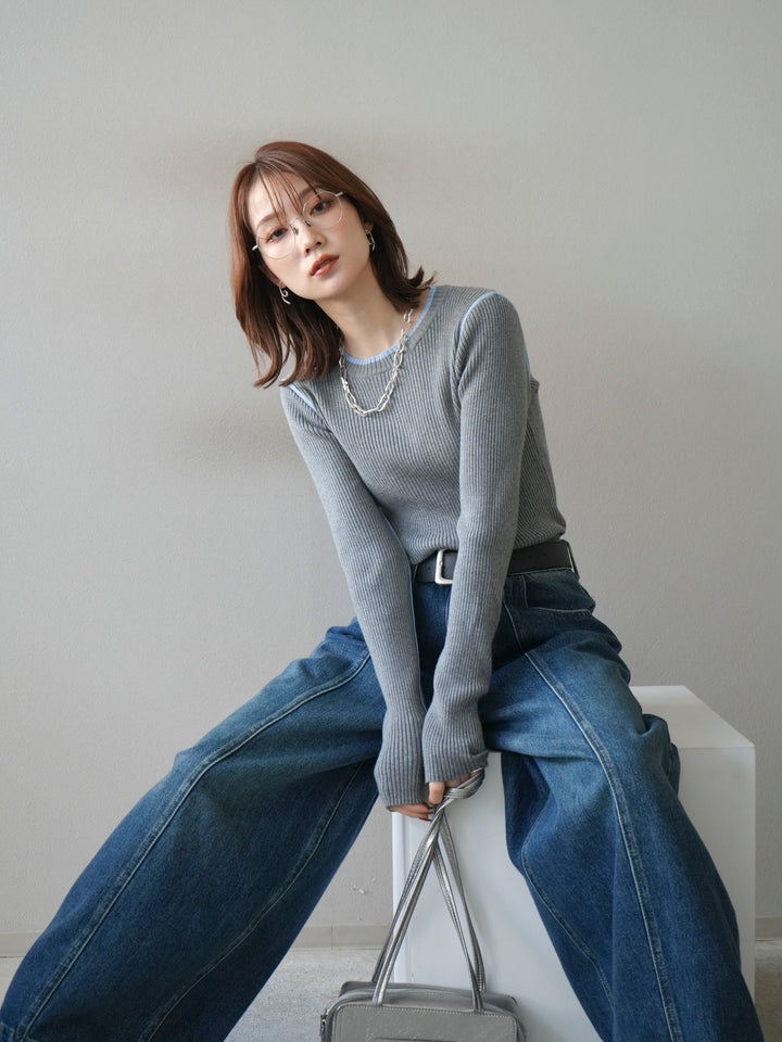 [予約]バイカラークルーネックリブニットトップス/gray