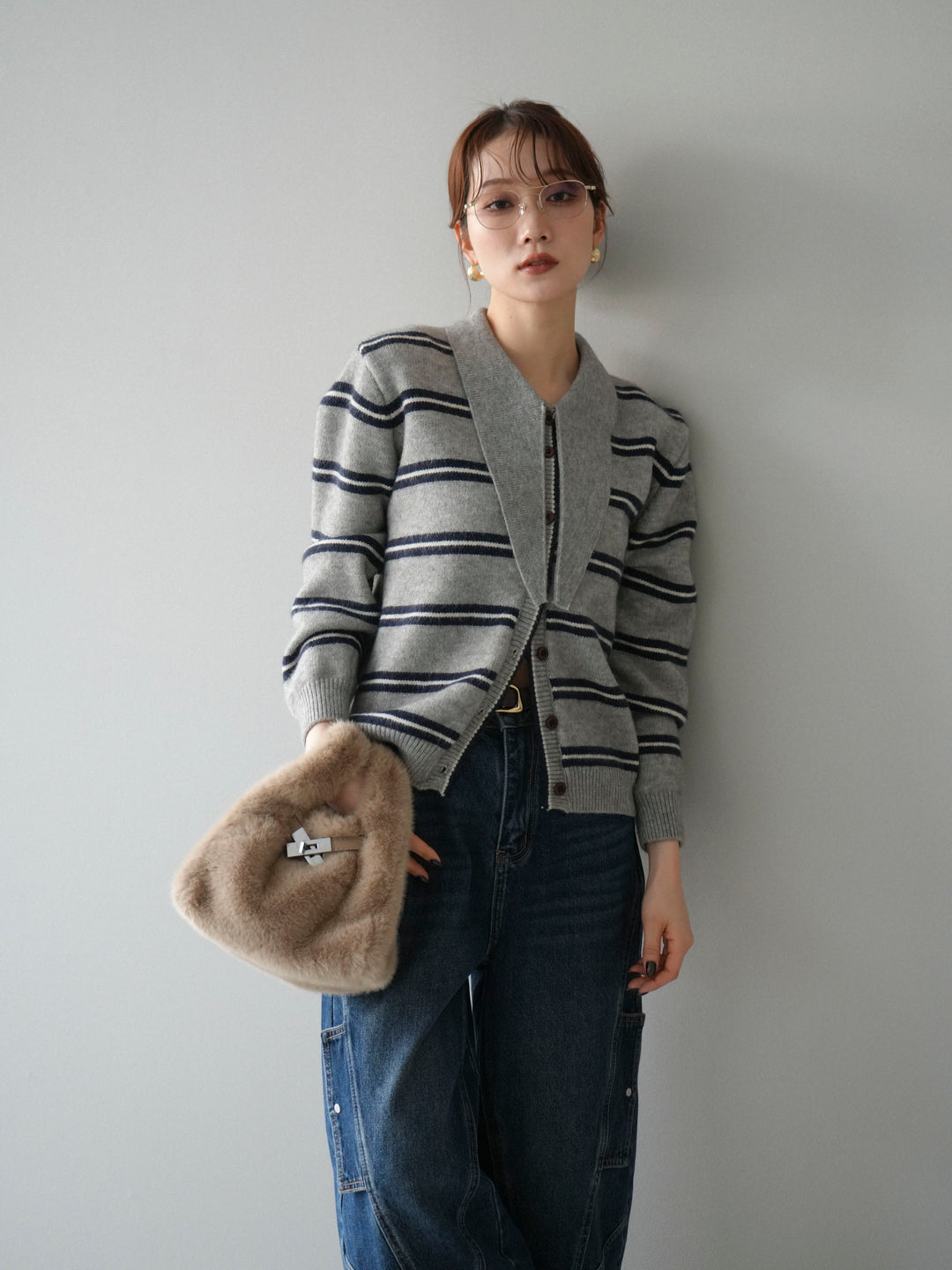 [予約]ボウタイボーダーニットカーディガン/gray