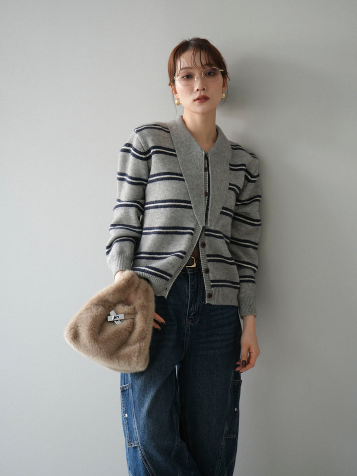 [予約]ボウタイボーダーニットカーディガン/gray