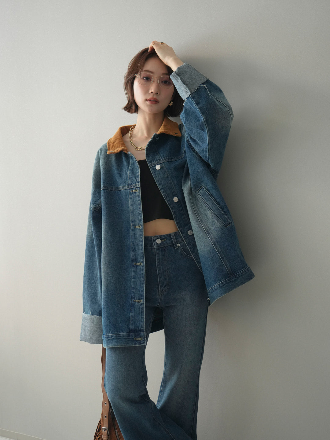 [SET]コーデュロイ×デニムミドルジャケット+フレアデニムパンツ(2set)