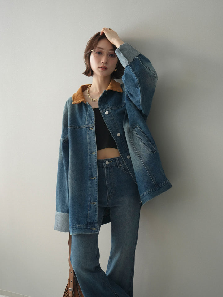 [SET]コーデュロイ×デニムミドルジャケット+フレアデニムパンツ(2set)