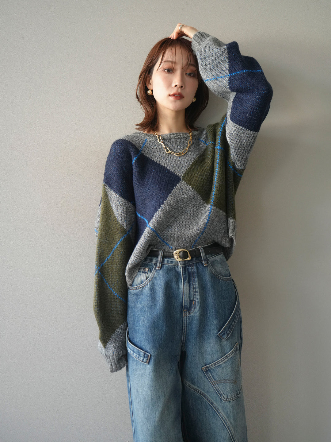 [予約]配色ステッチアーガイル柄ニットプルオーバー/gray