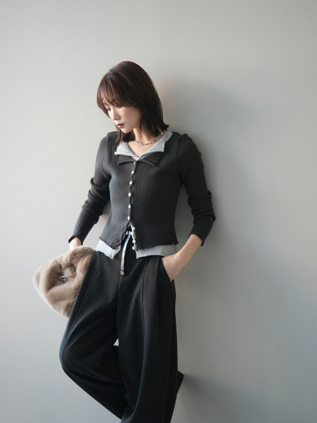 [予約]配色レイヤードリブニットカーディガン/charcoal