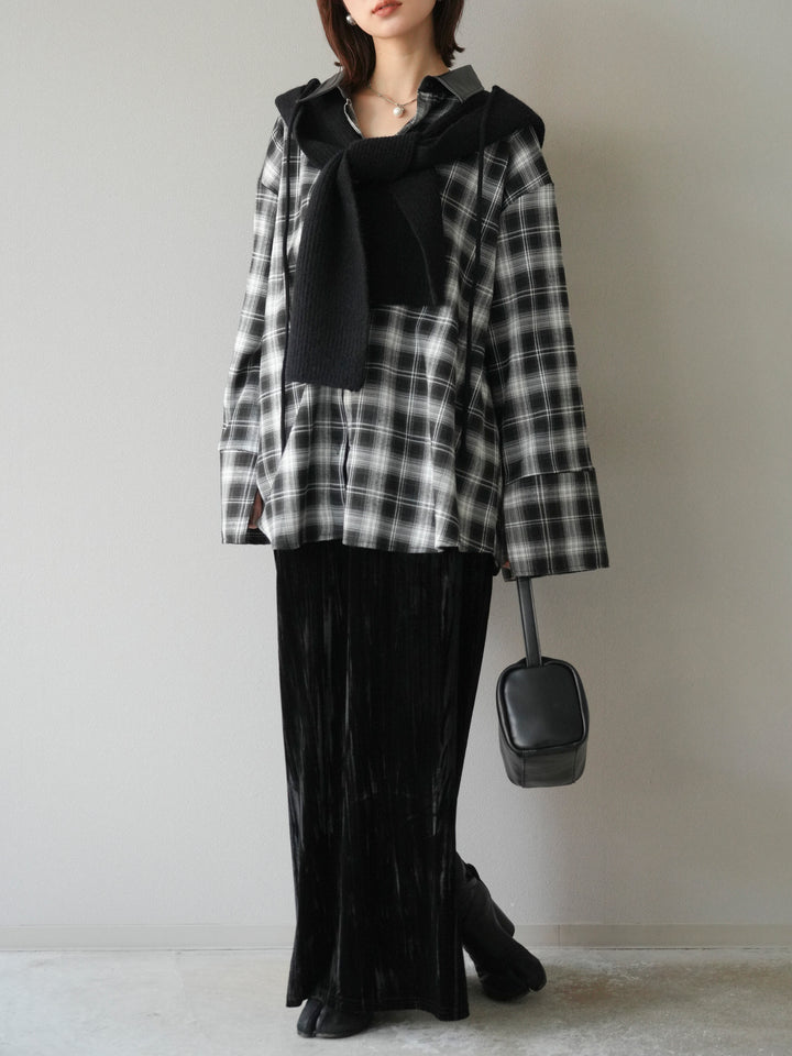 [SET]レザー襟オンブレチェックオーバーシャツ +クラッシュベロアナロースカート(2set)