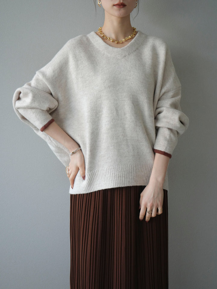 [SET]Vネック配色スリーブニットプルオーバー+選べるアクセセット(2set)