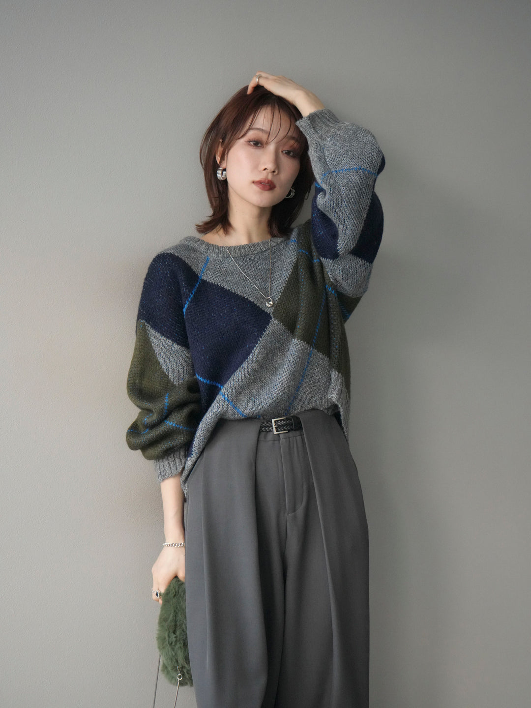 [予約]配色ステッチアーガイル柄ニットプルオーバー/gray