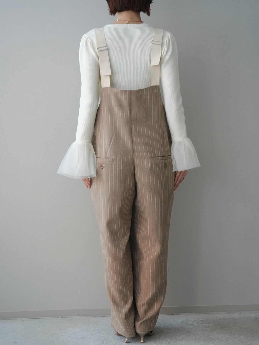 [予約]グログランテープストライプサロペット/beige