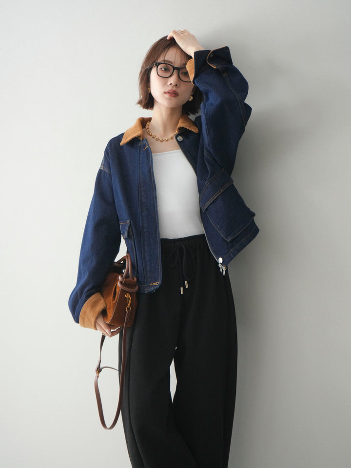 [予約]コーデュロイ×デニムショートカバーオール/indigo