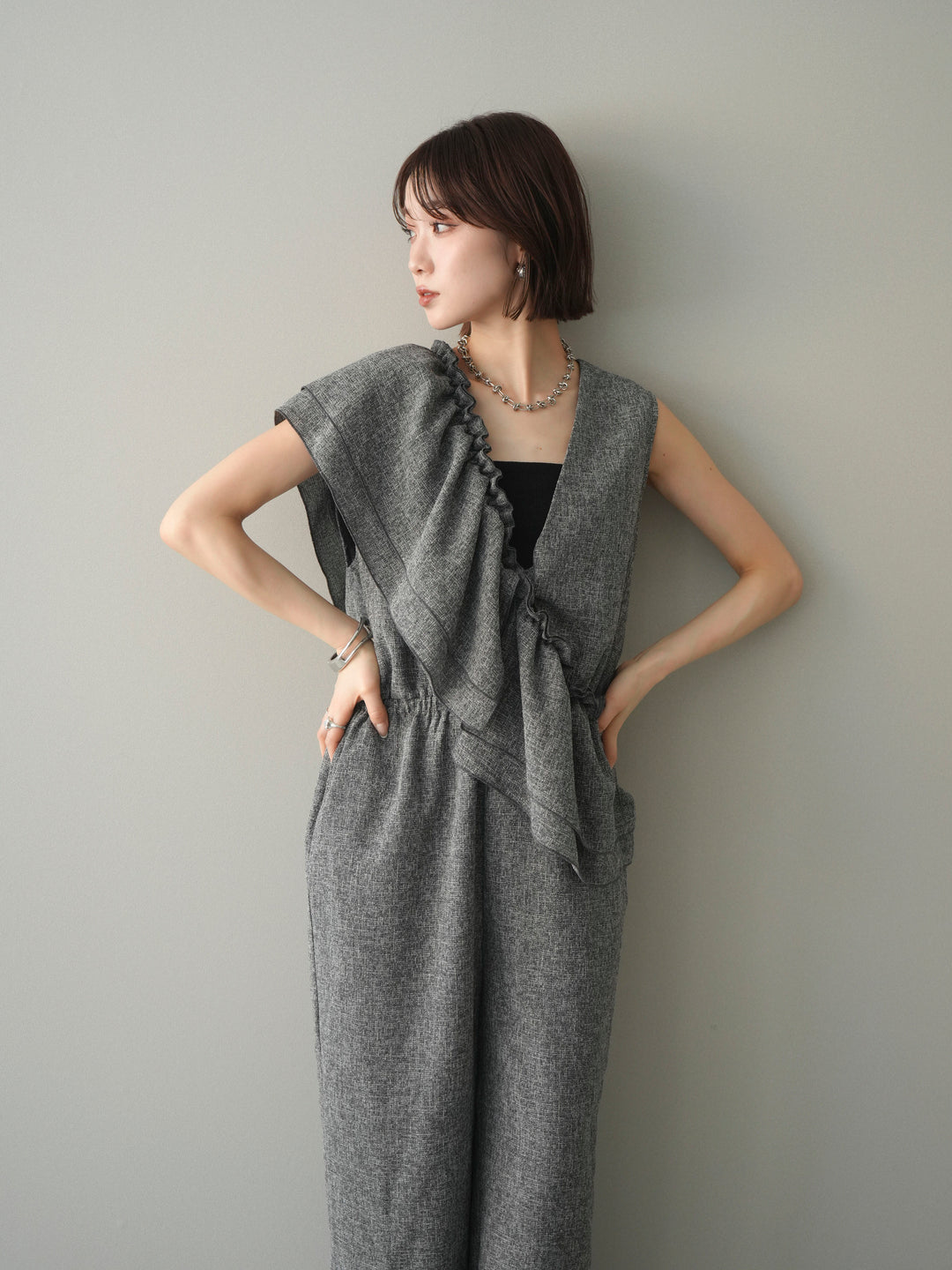 [SET]3WAYミックスツイードギャザーオールインワン+選べるアクセセット(2set)