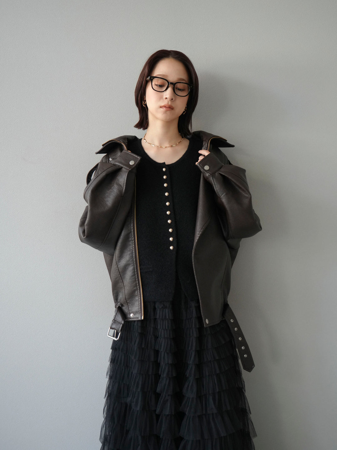 [予約]スタンドカラーフェイクレザーブルゾン/ブラウン