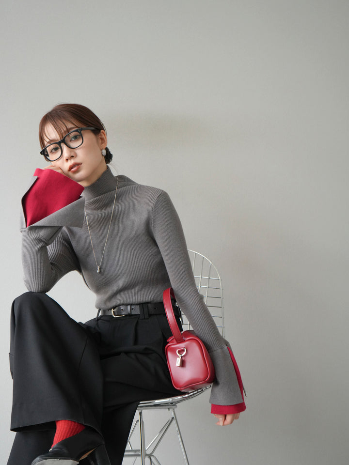 [SET] 疊層喇叭袖高領針織上衣 + 雙褶寬褲 (2 套)