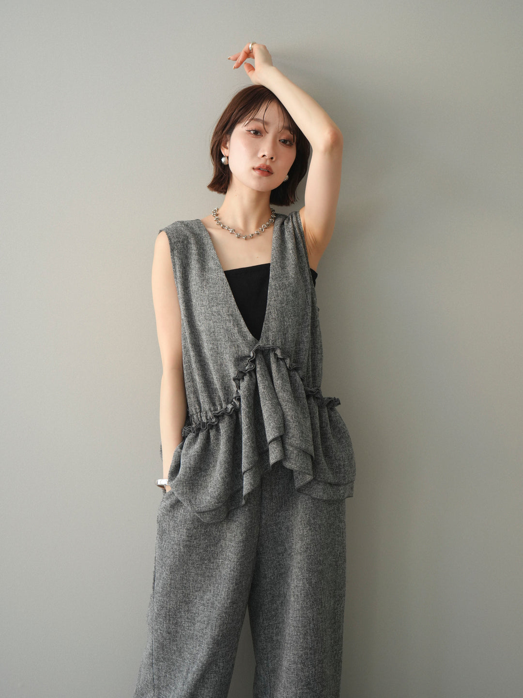 [SET]3WAYミックスツイードギャザーオールインワン+選べるアクセセット(2set)