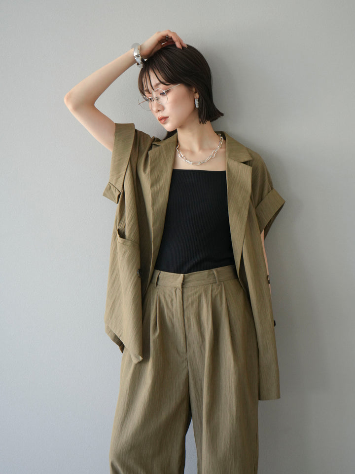 [套裝] 亞麻風格無袖雙背心 + 雙肩帶剪裁羅紋胸罩吊帶背心（2 件套）