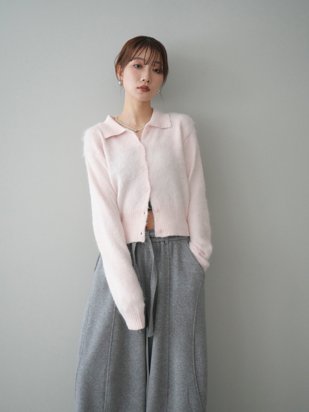 [予約]モヘア衿付きボタンプルオーバー/pink