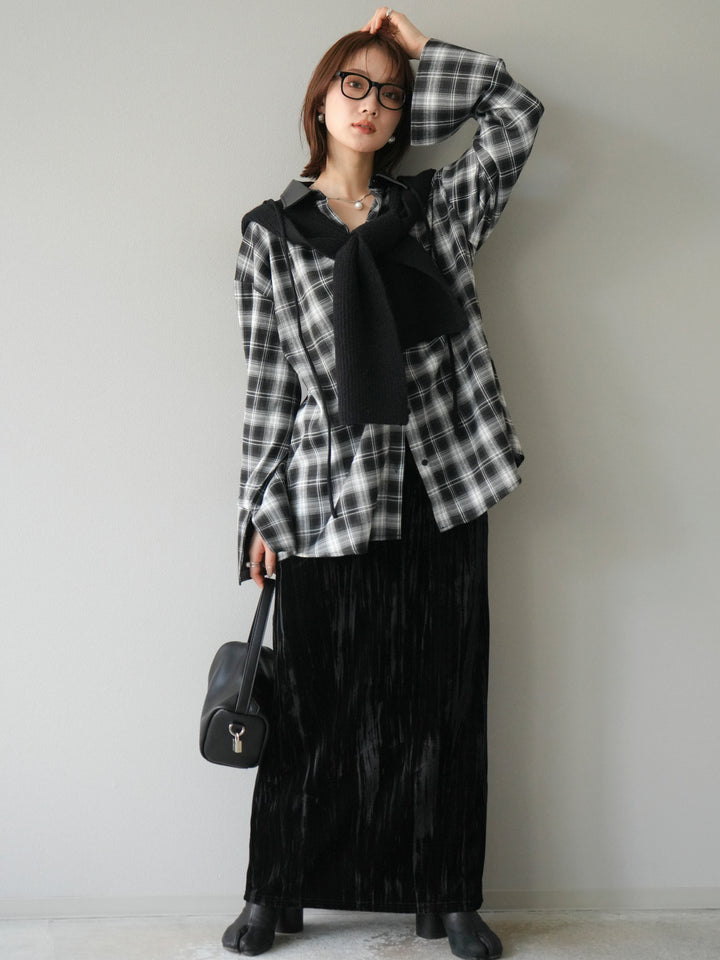 [SET]レザー襟オンブレチェックオーバーシャツ +クラッシュベロアナロースカート(2set)