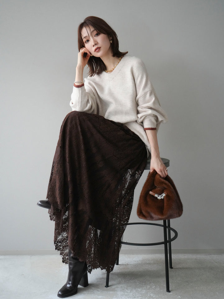 [SET]Vネック配色スリーブニットプルオーバー+選べるアクセセット(2set)