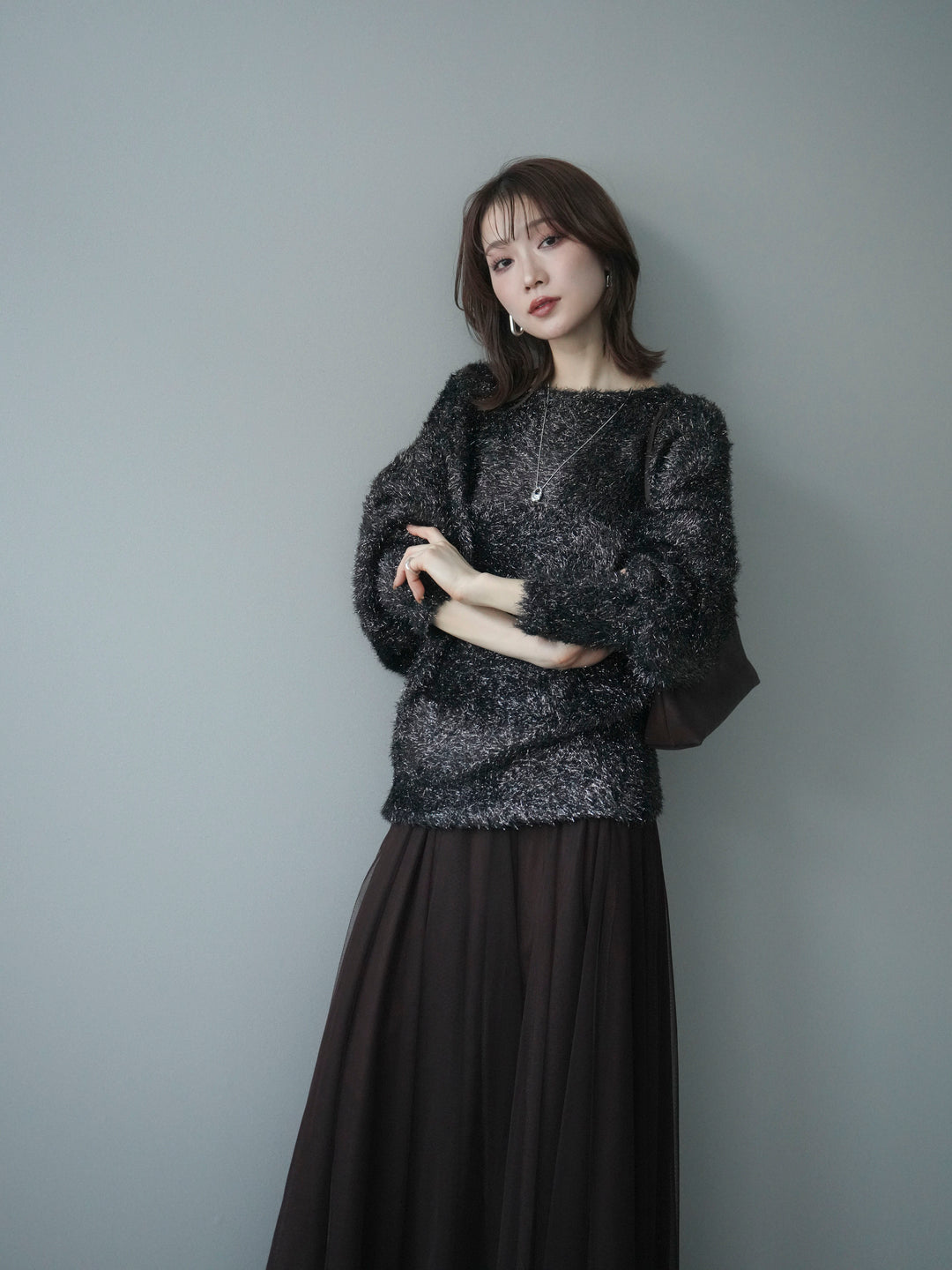 [予約]ラメシャギードルマンニットプルオーバー/brown