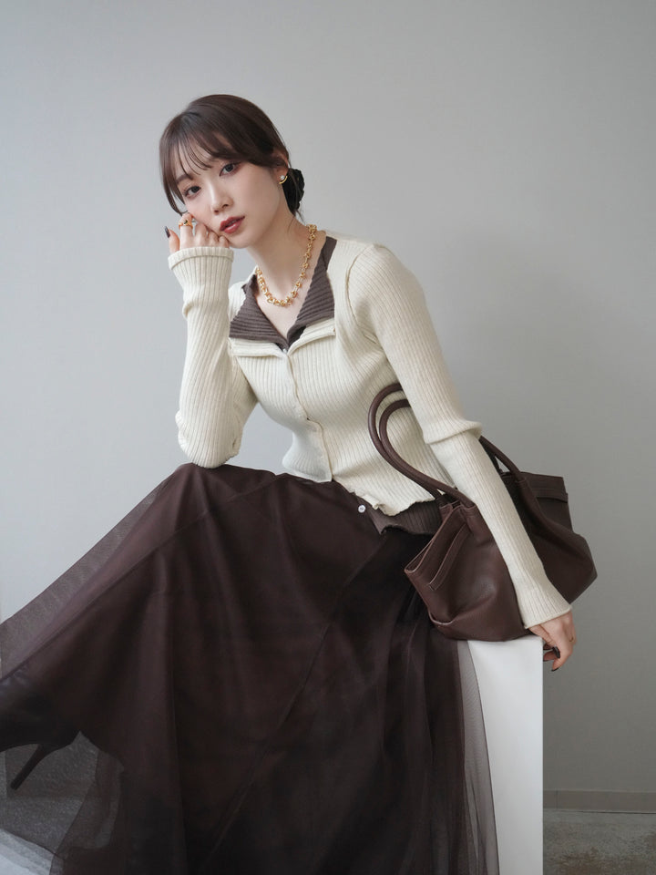 [予約]配色レイヤードリブニットカーディガン/ivory