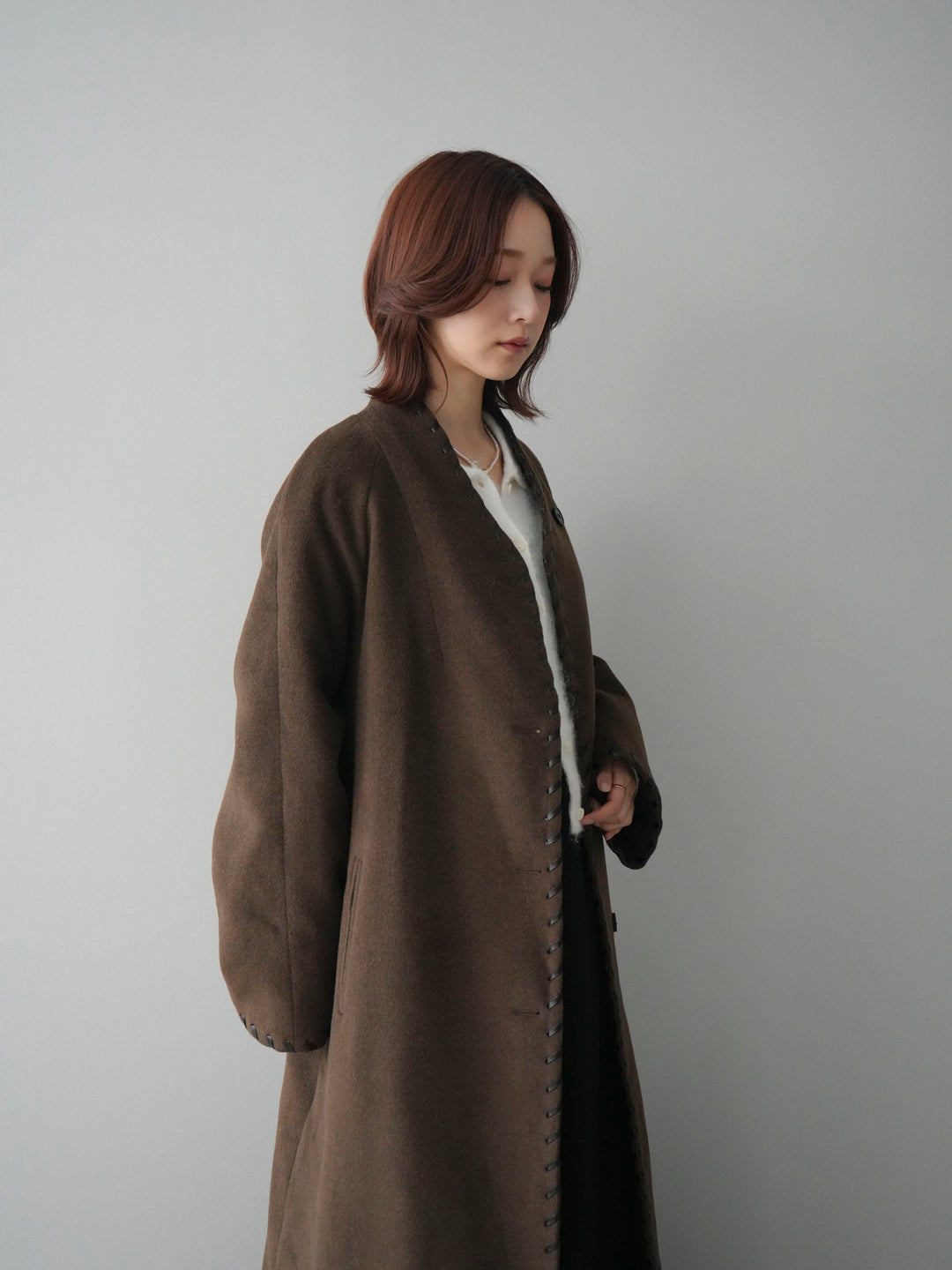 [SET]ハンドステッチ裏中綿ロングコート+モヘア衿付きボタンプルオーバー(2set)