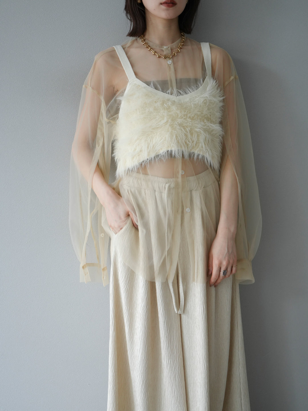 [予約]2WAYスリーブチュールシャツ/ベージュ　