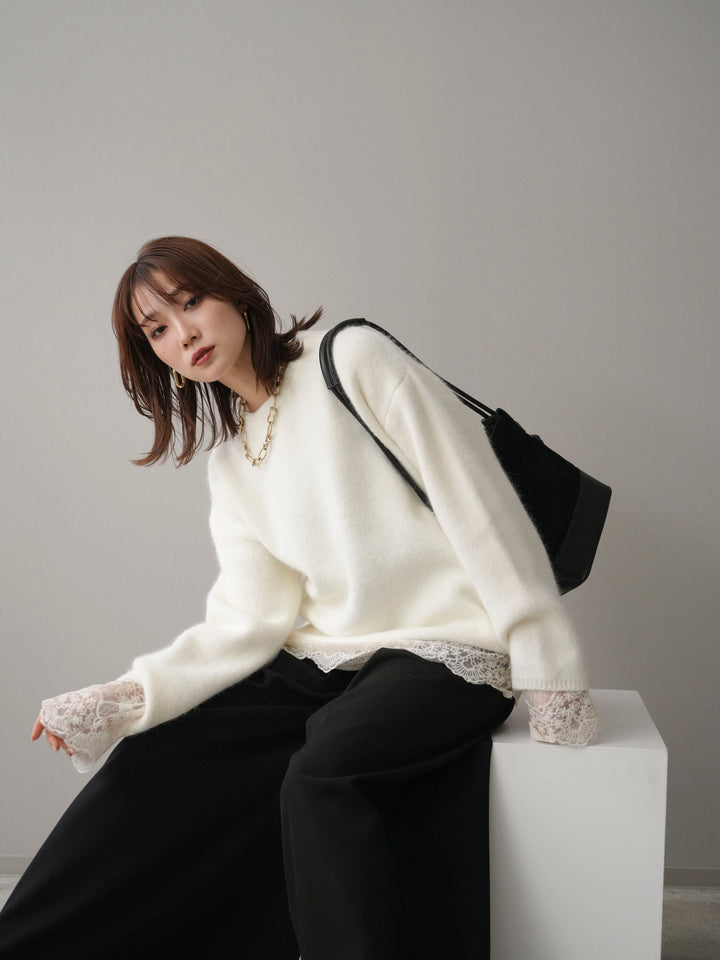 [SET]アンゴラタッチクルーネックニットプルオーバー+チュールレーストップス+テープベルトタックバギーパンツ(3set)