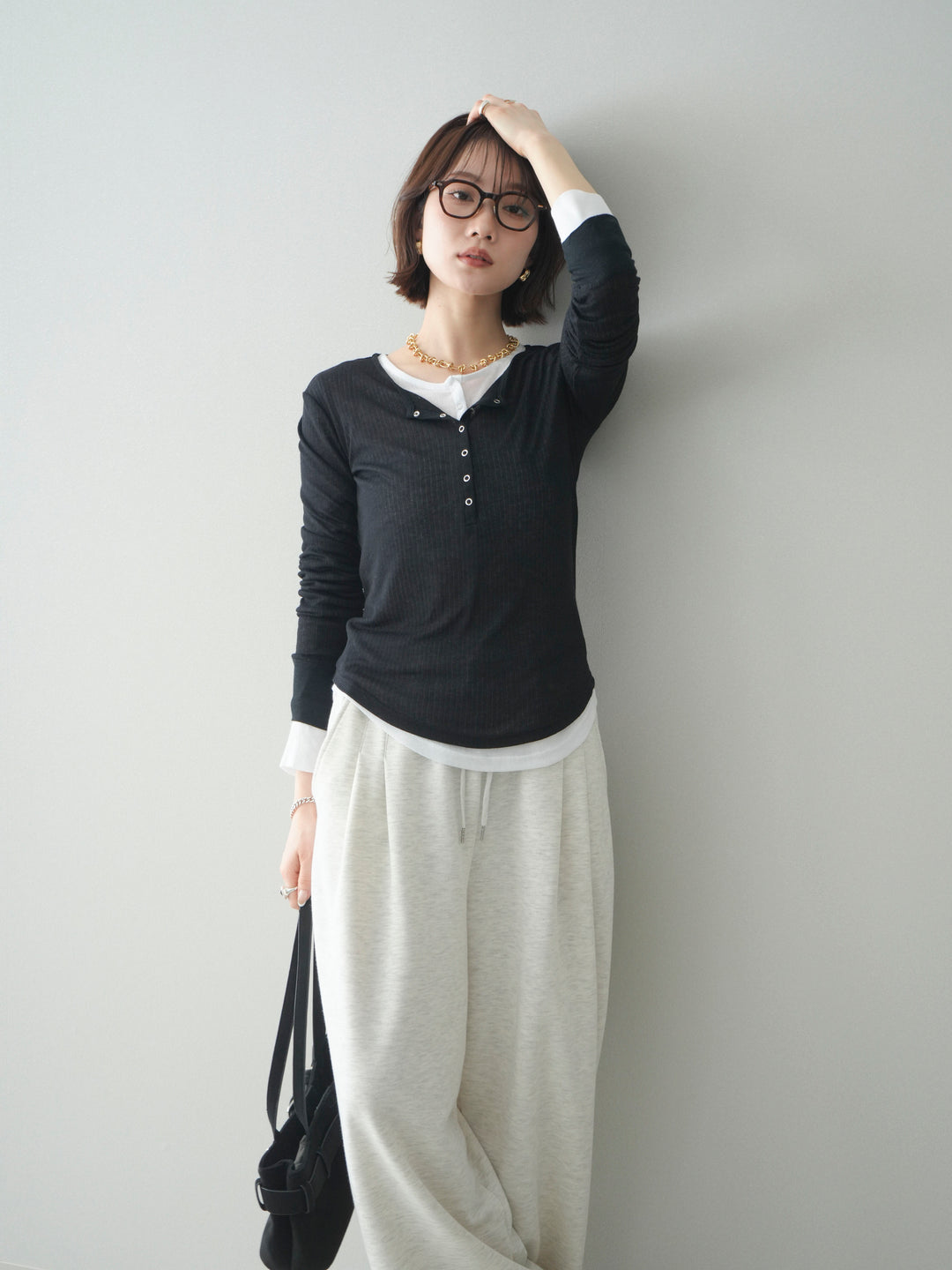 [予約]シアーリブヘンリーネックロンT/black