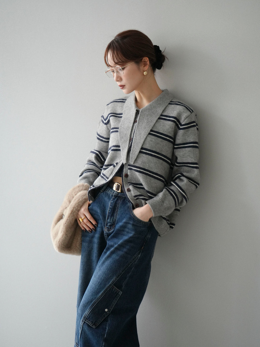 [予約]ボウタイボーダーニットカーディガン/gray