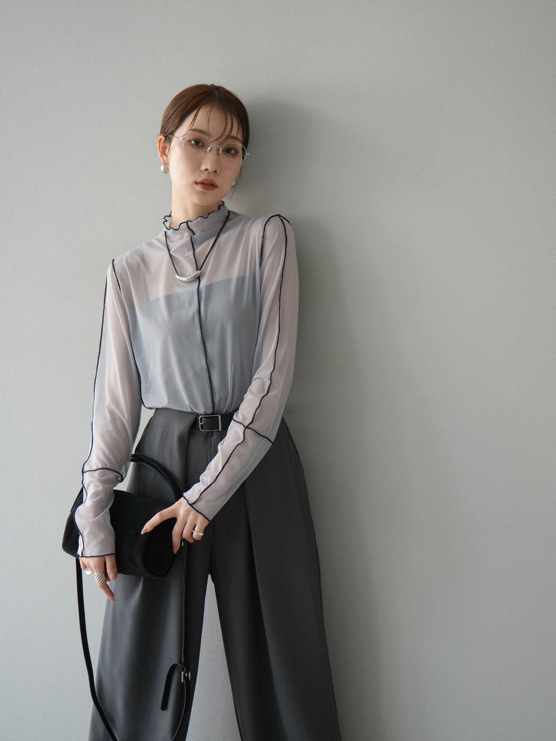 [予約]シアーパイピングカットソー/ライトグレー×ネイビー