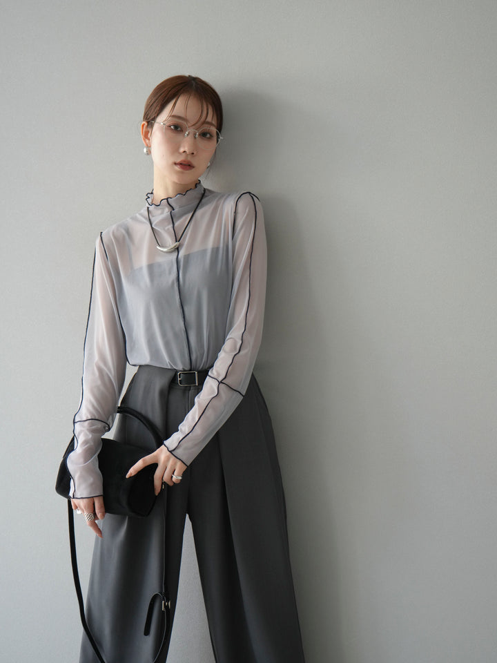 [予約]シアーパイピングカットソー/ライトグレー×ネイビー