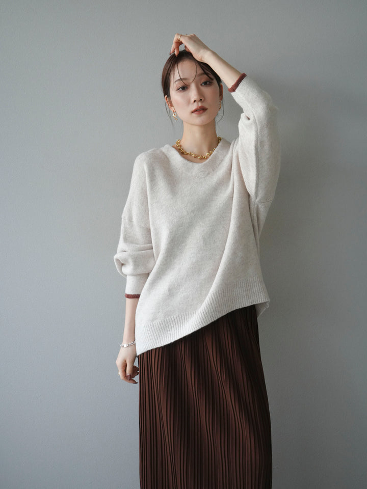 [SET]Vネック配色スリーブニットプルオーバー+選べるアクセセット(2set)