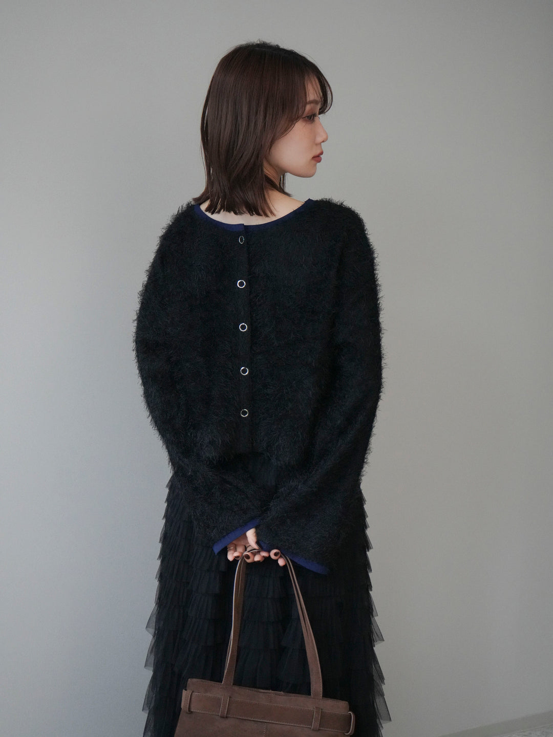 [予約]バイカラー2WAYシャギーニットカーディガン/black