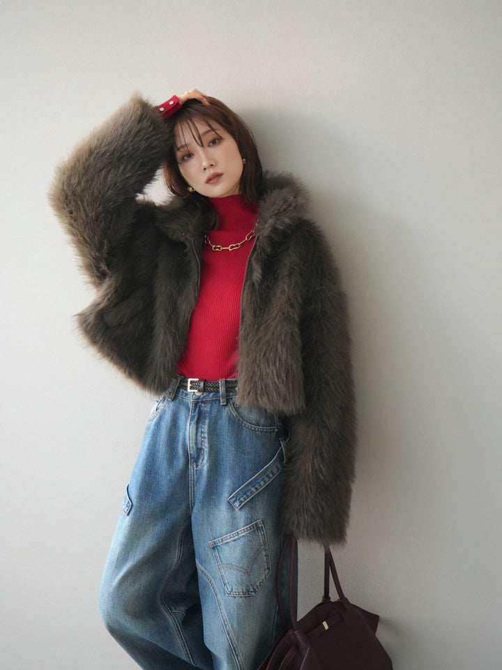 [予約]フェイクファーショートZIPジャケット/brown